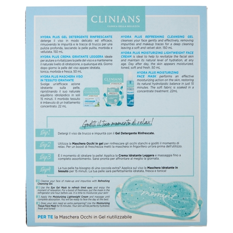 Clinians Hydra Plus Crema Idratante Leggera + Gel Detergente Rinfrescante + Maschera in Tessuto